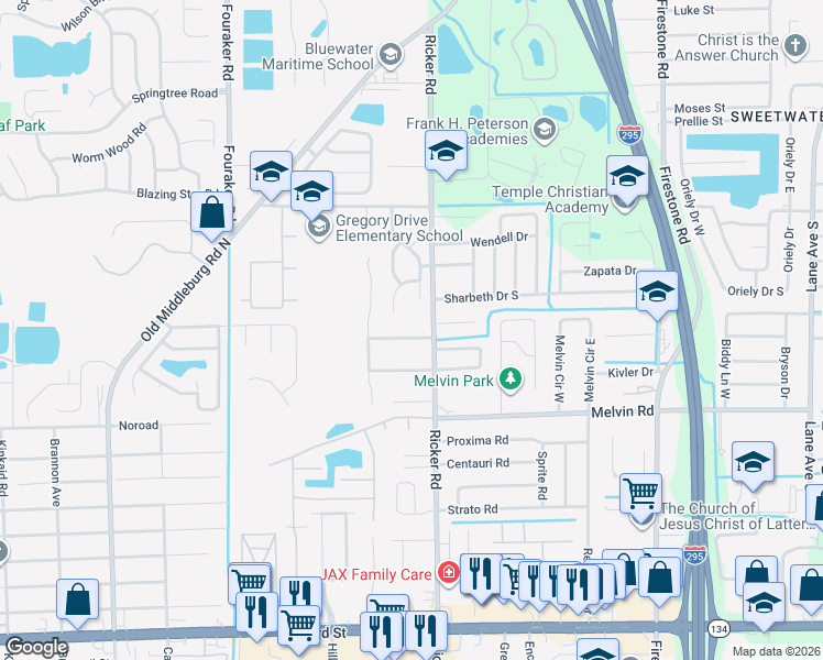 map of restaurants, bars, coffee shops, grocery stores, and more near 7629 Melissa Court North in Jacksonville