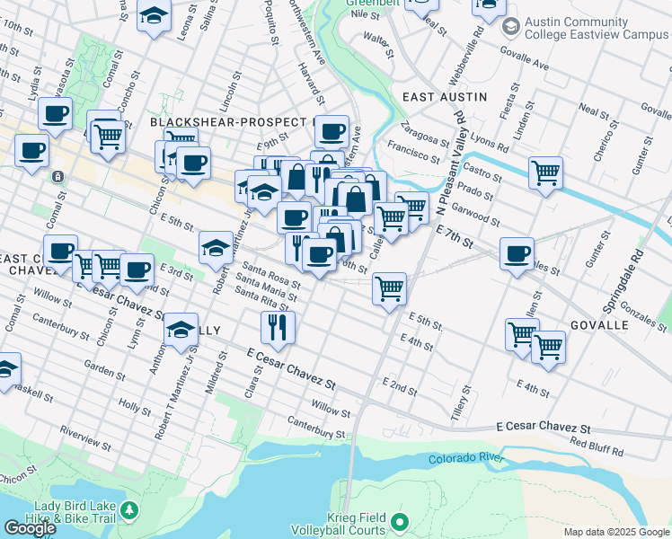 map of restaurants, bars, coffee shops, grocery stores, and more near 501 Pedernales Street in Austin
