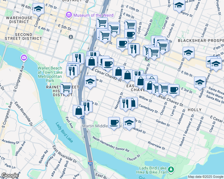 map of restaurants, bars, coffee shops, grocery stores, and more near 1206 Canterbury Street in Austin