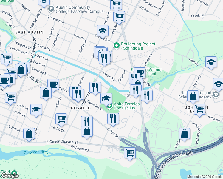 map of restaurants, bars, coffee shops, grocery stores, and more near 800 Gullett Street in Austin