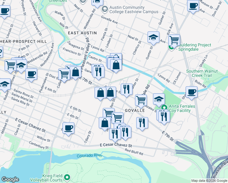 map of restaurants, bars, coffee shops, grocery stores, and more near in Austin