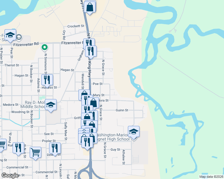 map of restaurants, bars, coffee shops, grocery stores, and more near 2809 Mary St in Lake Charles