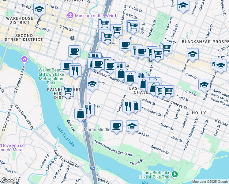map of restaurants, bars, coffee shops, grocery stores, and more near 1206 Canterbury Street in Austin
