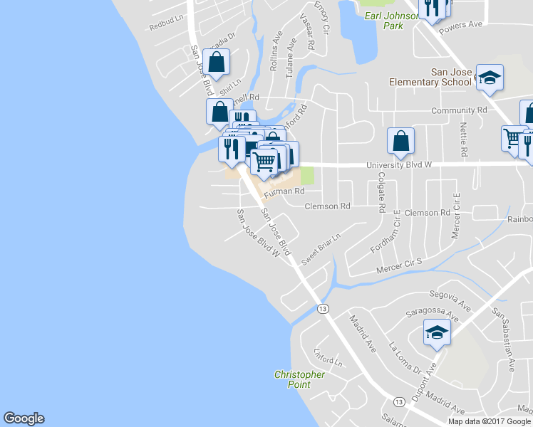 map of restaurants, bars, coffee shops, grocery stores, and more near 6201 San Jose Boulevard in Jacksonville