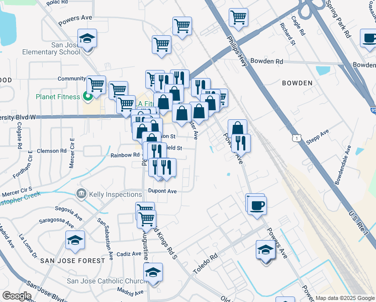 map of restaurants, bars, coffee shops, grocery stores, and more near 3686 Smithfield Street in Jacksonville