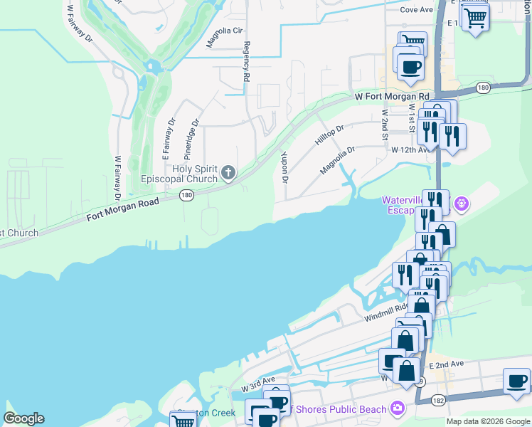 map of restaurants, bars, coffee shops, grocery stores, and more near 509 Sunset Dr in Gulf Shores