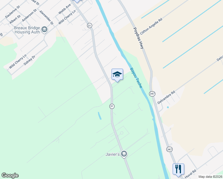 map of restaurants, bars, coffee shops, grocery stores, and more near 1311 South Main Street in Breaux Bridge