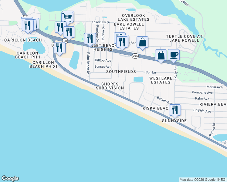 map of restaurants, bars, coffee shops, grocery stores, and more near 22421 Front Beach Road in Panama City Beach