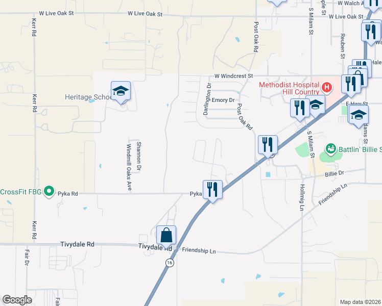map of restaurants, bars, coffee shops, grocery stores, and more near 239 Green Oaks Loop in Fredericksburg