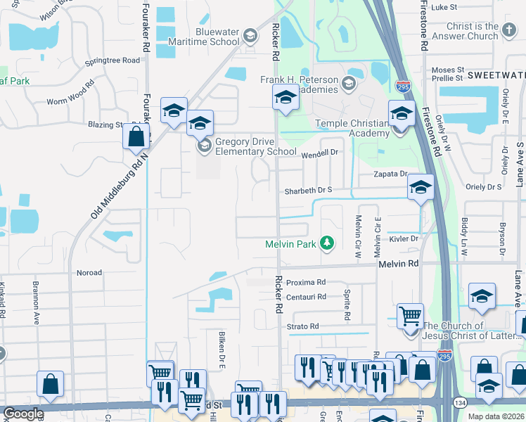 map of restaurants, bars, coffee shops, grocery stores, and more near 7629 Melissa Court North in Jacksonville