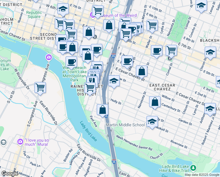 map of restaurants, bars, coffee shops, grocery stores, and more near 905 Taylor Street in Austin