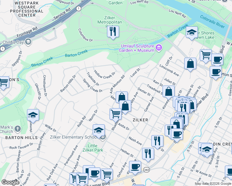 map of restaurants, bars, coffee shops, grocery stores, and more near 2126 Melridge Place in Austin