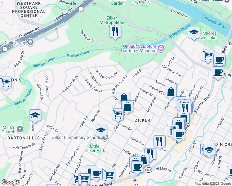 map of restaurants, bars, coffee shops, grocery stores, and more near 1401 Rabb Road in Austin