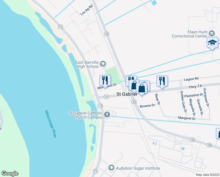 map of restaurants, bars, coffee shops, grocery stores, and more near 5875 Louisiana 74 in Saint Gabriel