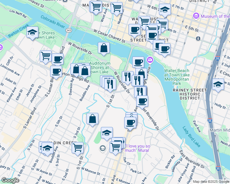 map of restaurants, bars, coffee shops, grocery stores, and more near S 1st St & Barton Springs Rd in Austin