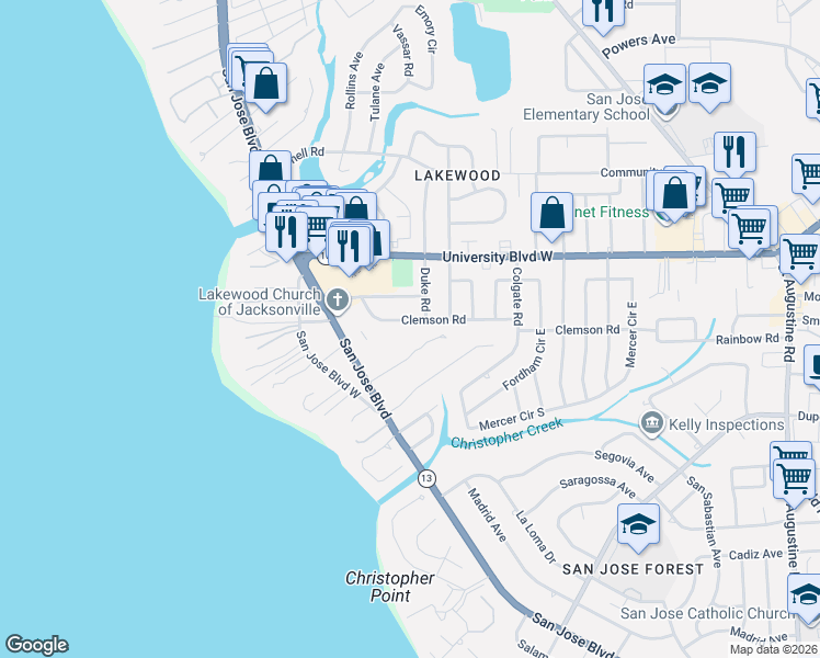 map of restaurants, bars, coffee shops, grocery stores, and more near 1978 Camellia Oaks Lane in Jacksonville