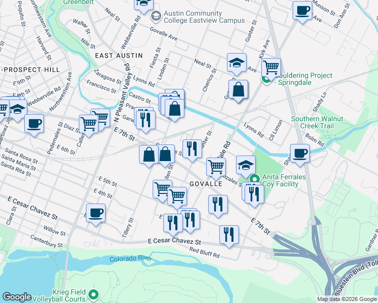 map of restaurants, bars, coffee shops, grocery stores, and more near 722 Gunter Street in Austin