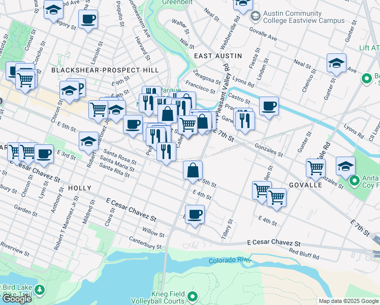map of restaurants, bars, coffee shops, grocery stores, and more near 507 Calles Street in Austin
