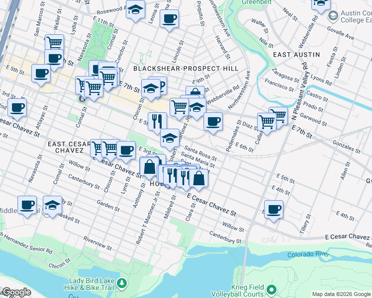 map of restaurants, bars, coffee shops, grocery stores, and more near 2209 Santa Maria Street in Austin