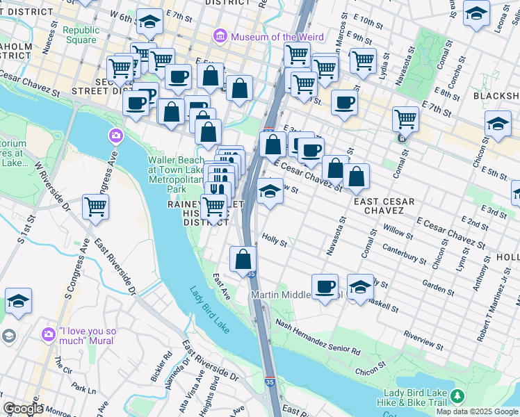 map of restaurants, bars, coffee shops, grocery stores, and more near 905 Taylor Street in Austin