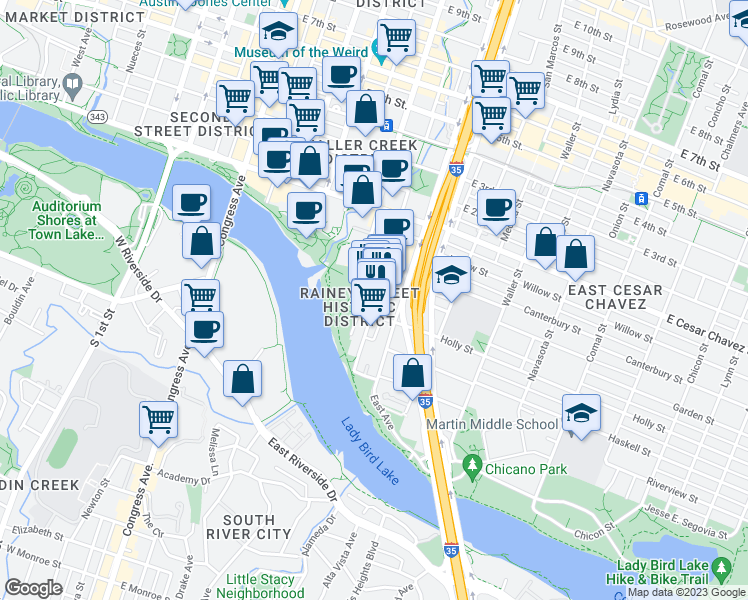 map of restaurants, bars, coffee shops, grocery stores, and more near 69 Rainey Street in Austin