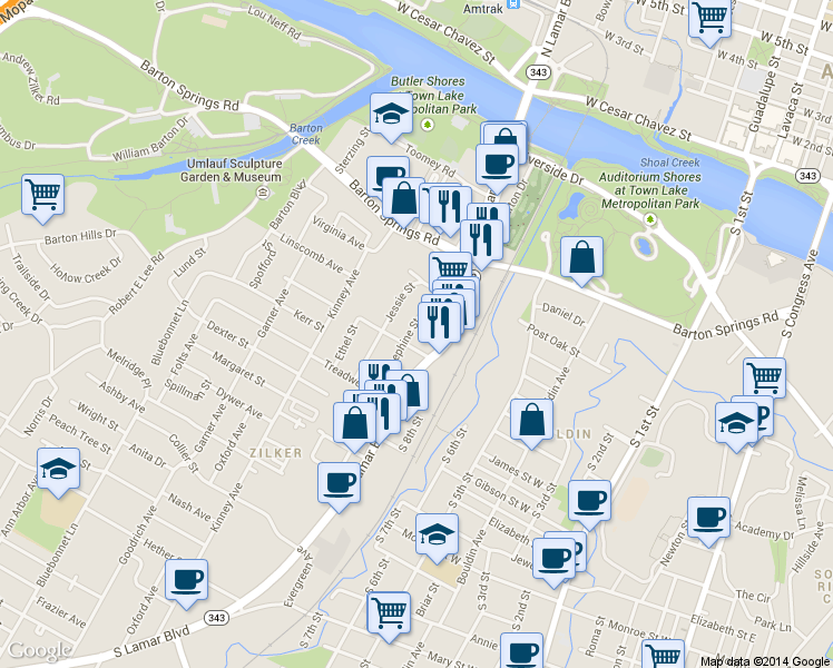 map of restaurants, bars, coffee shops, grocery stores, and more near 1309 Juliet Street in Austin
