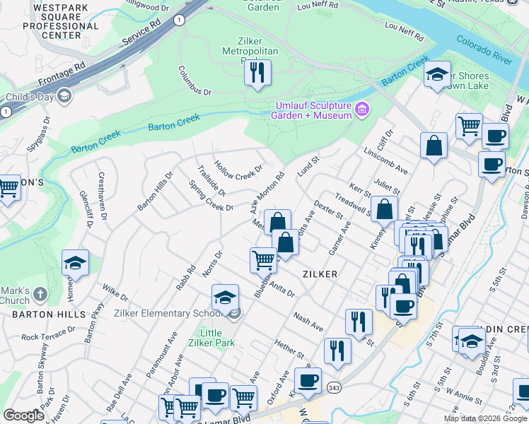 map of restaurants, bars, coffee shops, grocery stores, and more near 2126 Melridge Place in Austin