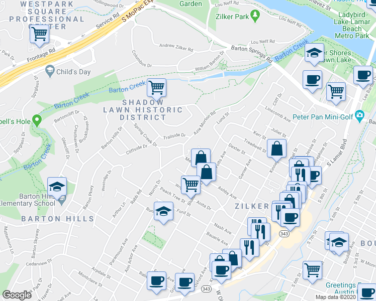 map of restaurants, bars, coffee shops, grocery stores, and more near 1401 Rabb Road in Austin