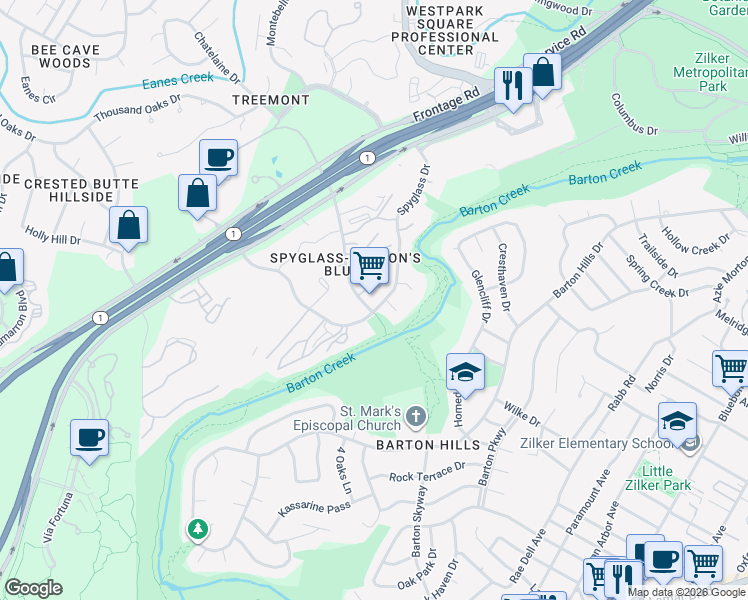 map of restaurants, bars, coffee shops, grocery stores, and more near 1600 1/2 Spyglass Drive in Austin