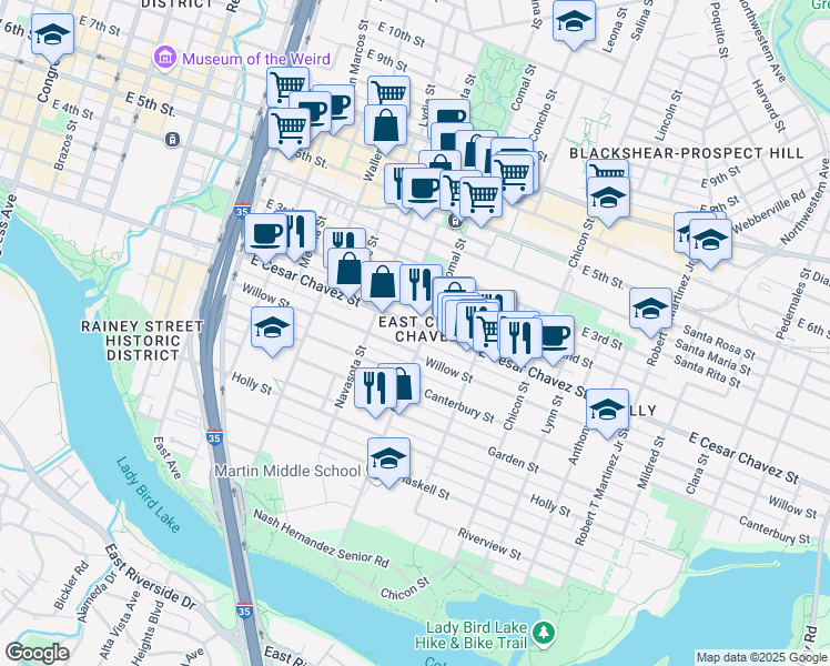 map of restaurants, bars, coffee shops, grocery stores, and more near 1504 Willow Street in Austin