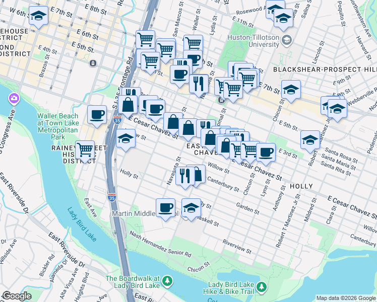 map of restaurants, bars, coffee shops, grocery stores, and more near 1406 Willow Street in Austin