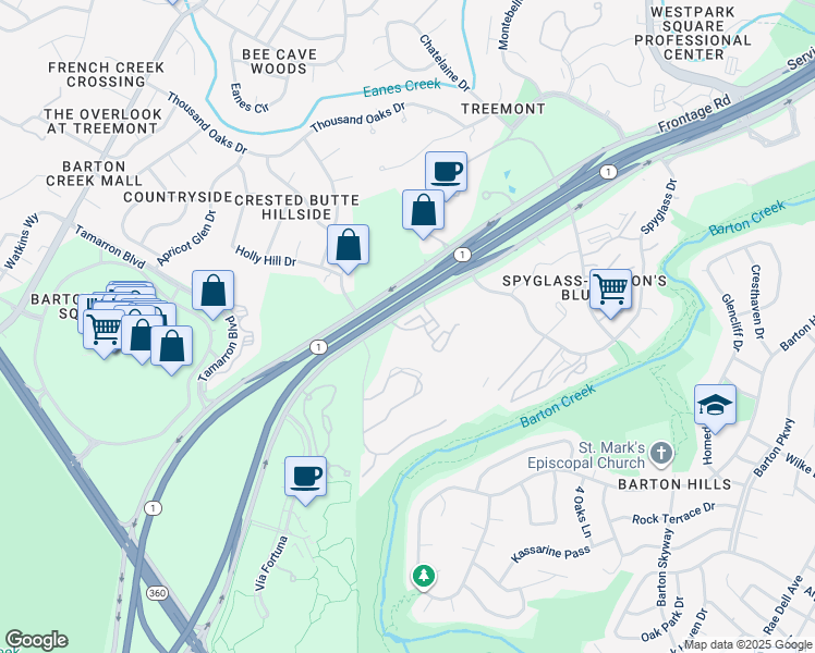 map of restaurants, bars, coffee shops, grocery stores, and more near 2001 South MoPac Expressway in Austin