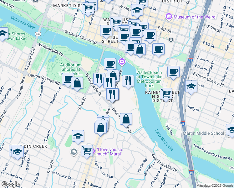 map of restaurants, bars, coffee shops, grocery stores, and more near 315 South Congress Avenue in Austin