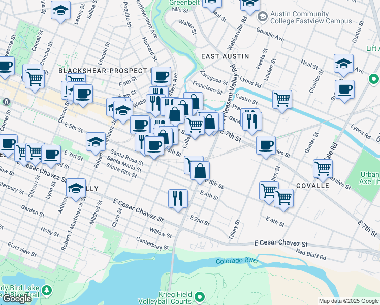map of restaurants, bars, coffee shops, grocery stores, and more near 507 Calles Street in Austin