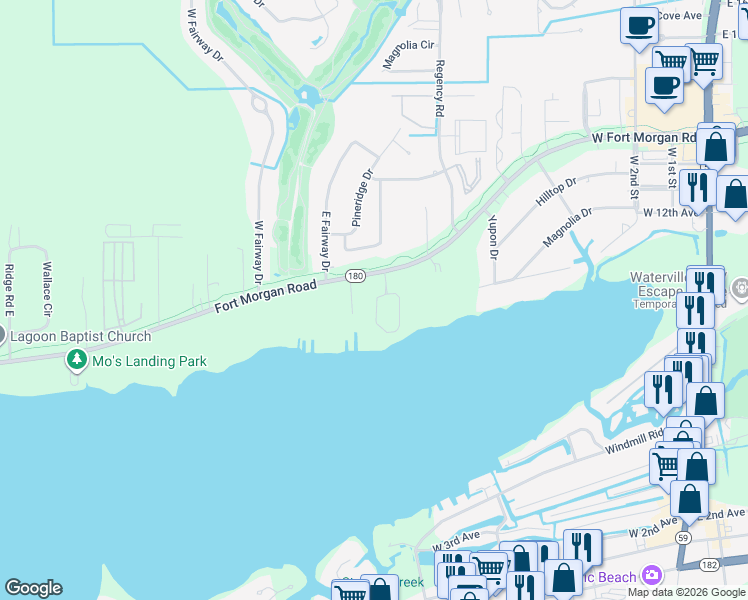 map of restaurants, bars, coffee shops, grocery stores, and more near 645 W Fort Morgan Rd in Gulf Shores