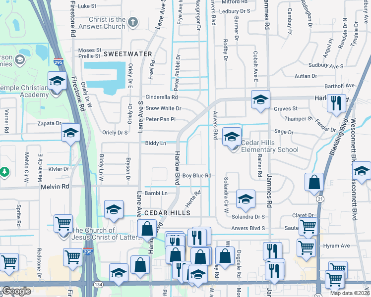 map of restaurants, bars, coffee shops, grocery stores, and more near 4403 Harlow Boulevard in Jacksonville