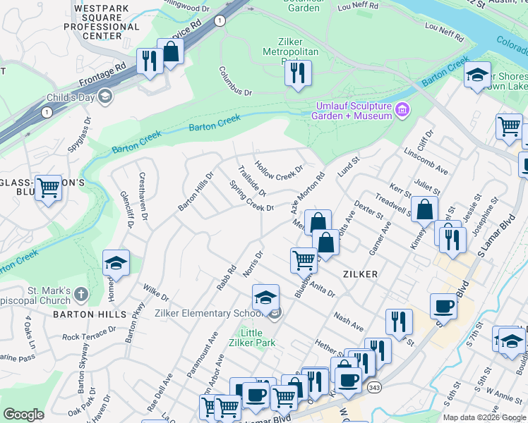 map of restaurants, bars, coffee shops, grocery stores, and more near 2305 Spring Creek Drive in Austin