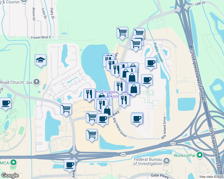 map of restaurants, bars, coffee shops, grocery stores, and more near 4674 Town Center Parkway in Jacksonville