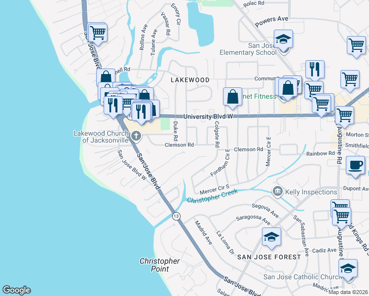 map of restaurants, bars, coffee shops, grocery stores, and more near 1994 Camellia Oaks Lane in Jacksonville