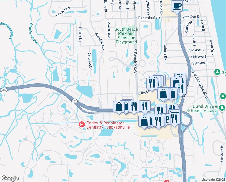 map of restaurants, bars, coffee shops, grocery stores, and more near 4001 Palm Way in Jacksonville Beach