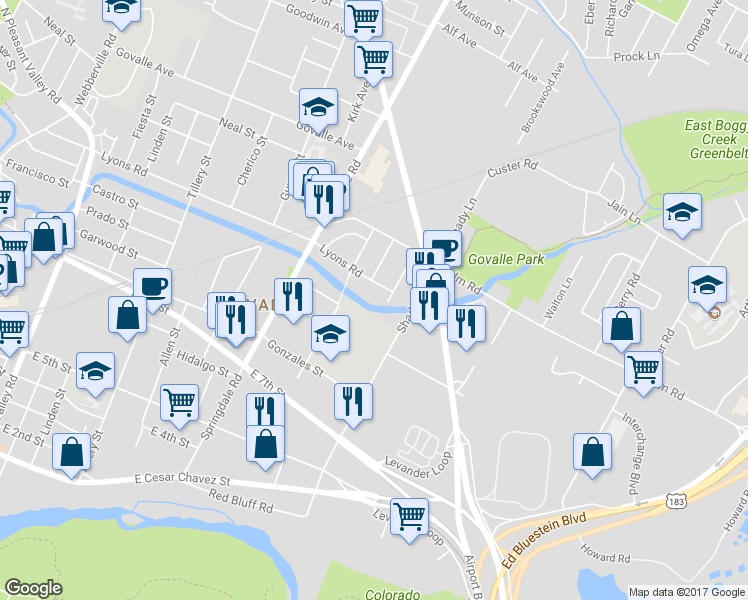 map of restaurants, bars, coffee shops, grocery stores, and more near 800 Gullett Street in Austin