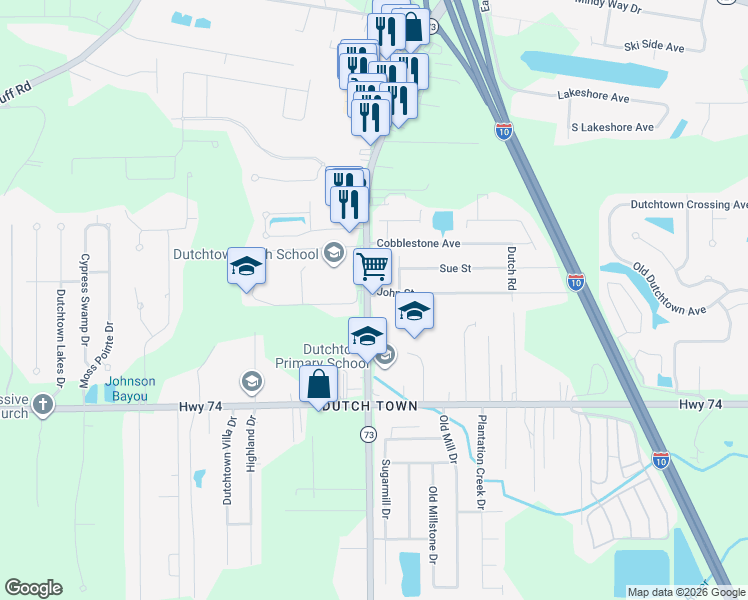 map of restaurants, bars, coffee shops, grocery stores, and more near 13142 Louisiana 73 in Geismar