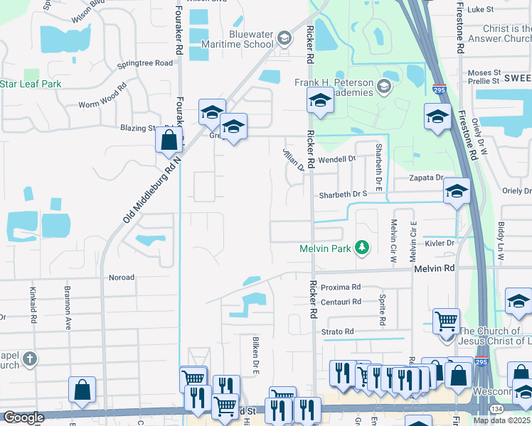 map of restaurants, bars, coffee shops, grocery stores, and more near 4449 Melissa Court North in Jacksonville