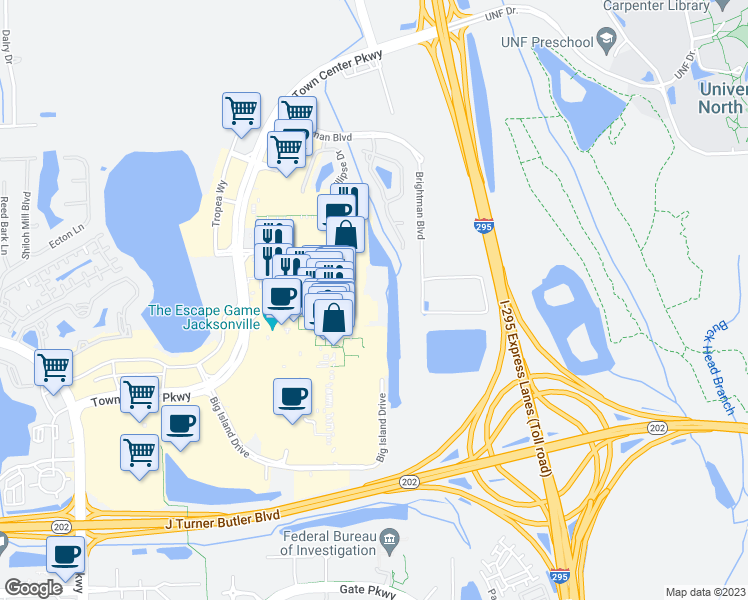 map of restaurants, bars, coffee shops, grocery stores, and more near 10434 Mid Town Parkway in Jacksonville