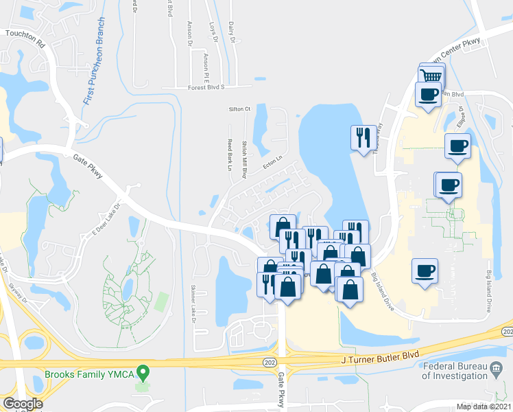 map of restaurants, bars, coffee shops, grocery stores, and more near 10135 Gate Parkway North in Jacksonville