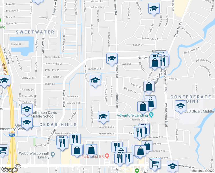 map of restaurants, bars, coffee shops, grocery stores, and more near 4434 Rainer Road in Jacksonville