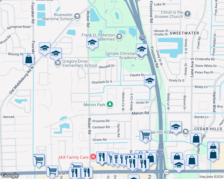 map of restaurants, bars, coffee shops, grocery stores, and more near 4436 Jade Drive East in Jacksonville