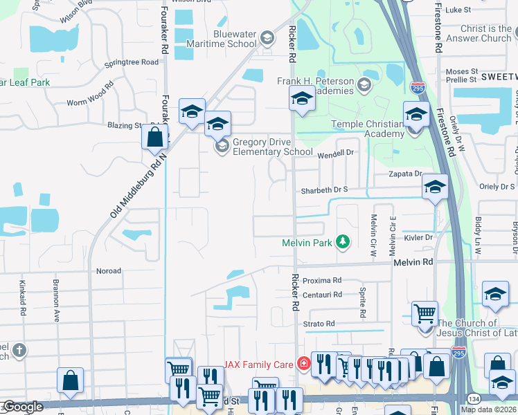 map of restaurants, bars, coffee shops, grocery stores, and more near 4449 Melissa Court North in Jacksonville