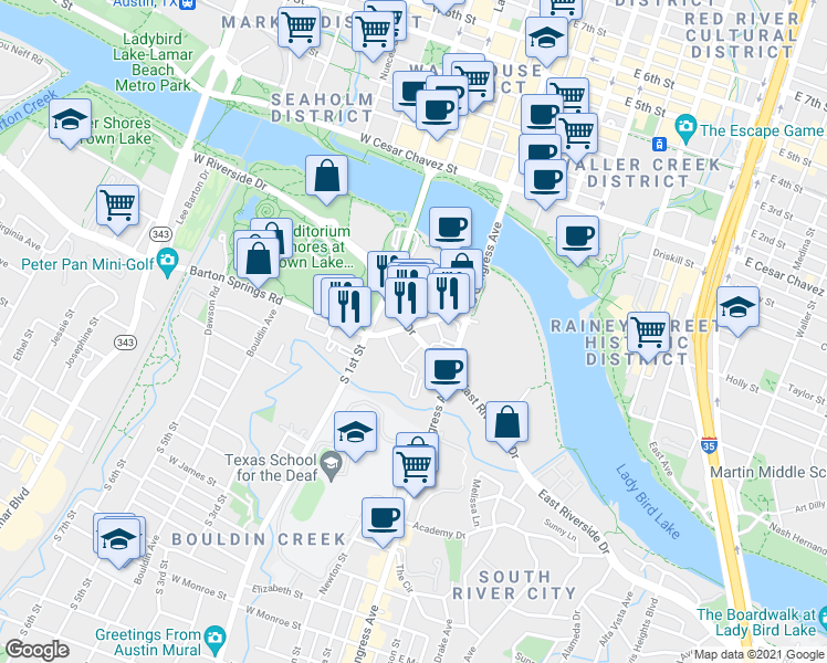 map of restaurants, bars, coffee shops, grocery stores, and more near 415 Barton Springs Road in Austin