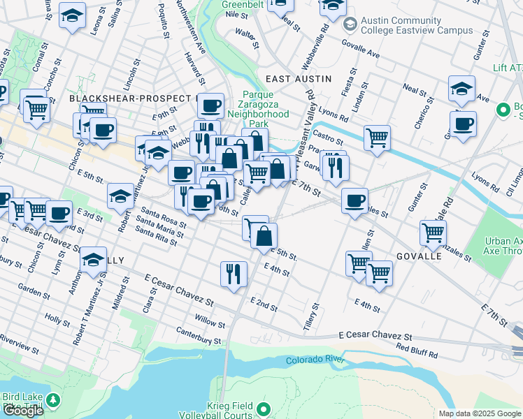 map of restaurants, bars, coffee shops, grocery stores, and more near 507 Calles Street in Austin